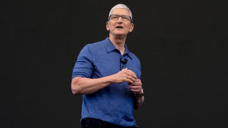 Apple CEO Tim Cook speaks during an announcement of new products on the Apple campus in Cupertino, Calif., on Monday, June 10, 2024. (AP Photo/Jeff Chiu)