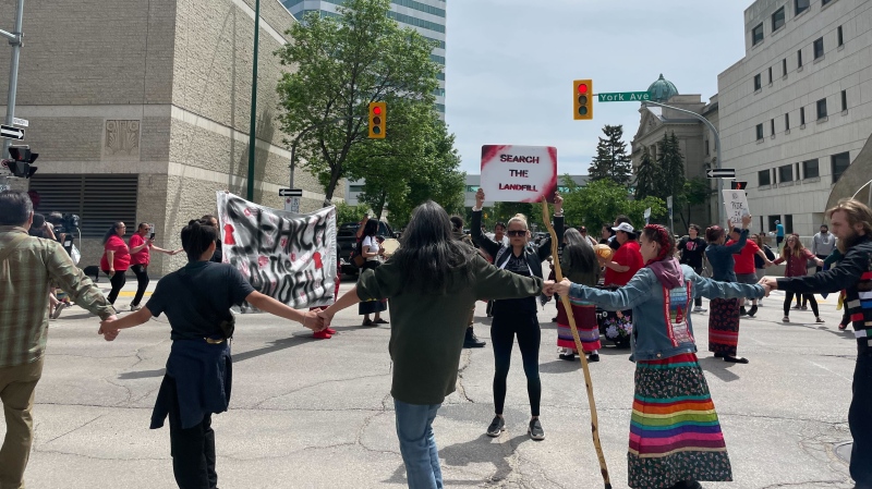 A round dance protest takes over the intersection outside of the Court of King's Bench in Winnipeg on June 10, 2024 (Alexandra Holyk/CTV News Winnipeg)