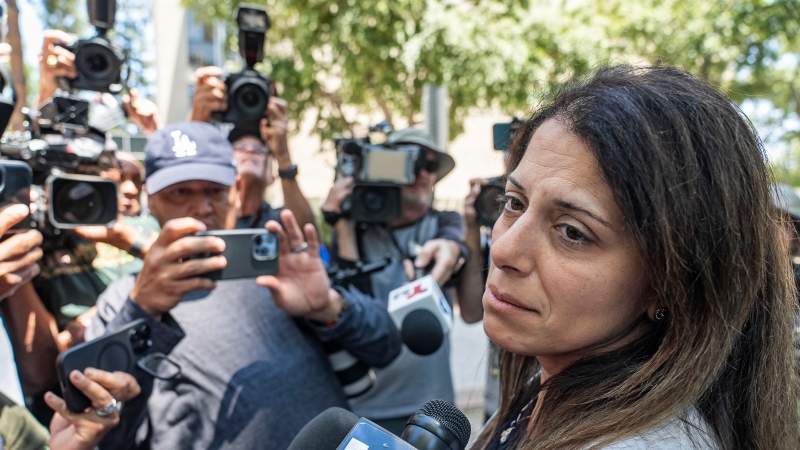Nancy Iskander speaks outside Van Nuys Courthouse on Monday, June 10, 2024, in Van Nuys, Calif., after attending the sentencing hearing in the murder trial of Rebecca Grossman, who is charged in the deaths of their two sons, Mark, 11, and Jacob, 8. ((AP Photo/Damian Dovarganes)