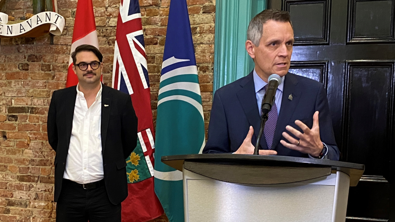 Mayor Mark Sutcliffe introduces Mathieu Grondin as Ottawa's new 'nightlife commissioner' on Tuesday. (Leah Larocque/CTV News Ottawa)