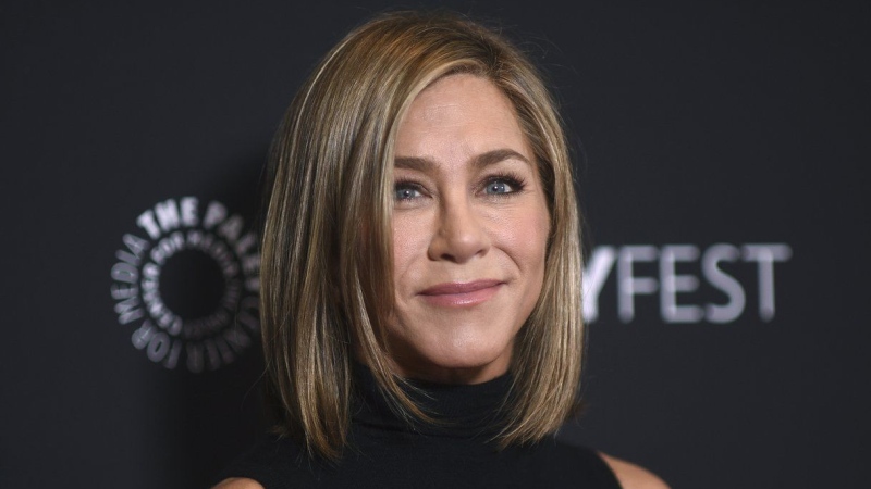 Jennifer Aniston arrives at a screening of "The Morning Show" during PaleyFest, April 12, 2024, at the Dolby Theatre in Los Angeles. (Richard Shotwell/AP Photo)