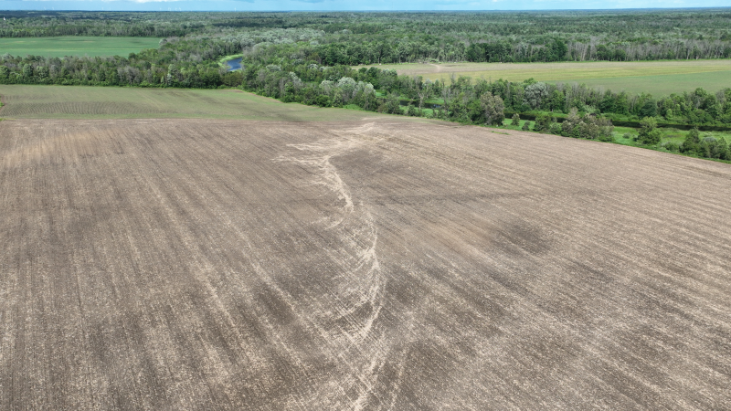 Drone photo showing field scouring produced by a tornado in Spencerville, Ont., looking down the track. (Northern Tornadoes Project/supplied)