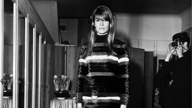French singer and actor Francoise Hardy wears a summer fur dress launched by Chombert of Paris, France, Feb. 11, 1967. (AP Photo, File)