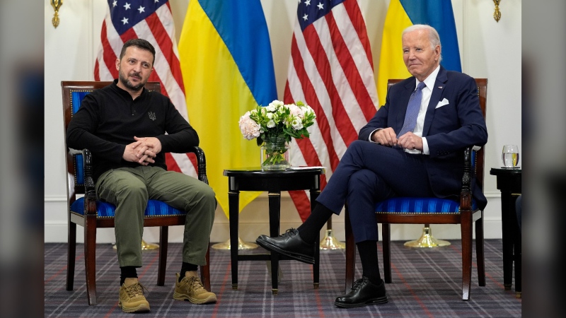 U.S. President Joe Biden meets Ukrainian President Volodymyr Zelenskyy in Paris on Friday, June 7, 2024. (Evan Vucci / AP Photo) 