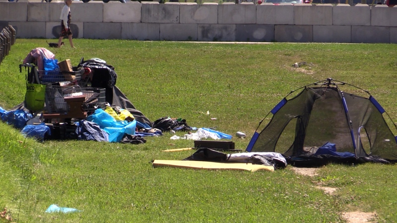 Homeless individuals set up camp near Centre St. in St. Thomas, Ont. (Brent Lale/CTV News London)