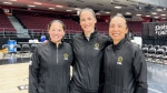 Left to right: Christine Vuong, MP Malo, and Fei Xiang made up the Canadian Elite Basketball League's first-ever all-female referee crew at the June 11, 2024 game in Ottawa between the Ottawa Blackjacks and the Montreal Alliance. (Jackie Perez/CTV News Ottawa)