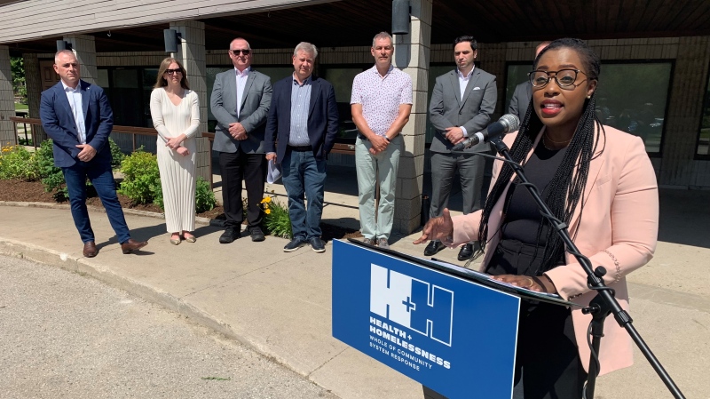 London West MP Arielle Kayabaga speaks about the proposed new highly supportive housing project at 46 Elmwood Place on June 12, 2024. She is joined by her federal colleague Peter Fragiskatos, local developers, and city of London representatives. (Bryan Bicknell/CTV News London) 