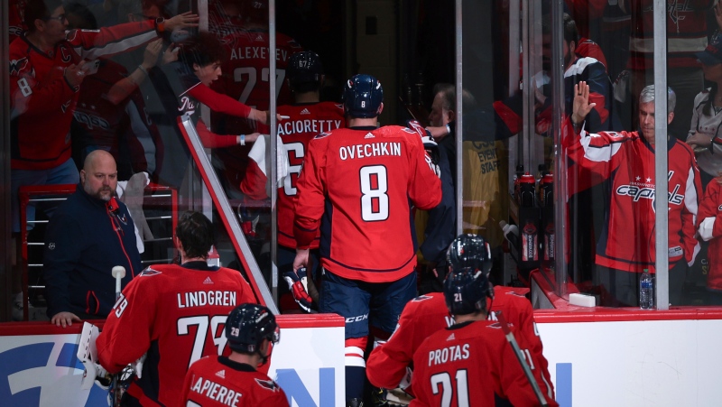 Washington Capitals left wing Alex Ovechkin (8) exits the ice after being eliminated by the New York Rangers in the first-round of the 2024 Stanley Cup Playoffs. (AP Photo/Tom Brenner)