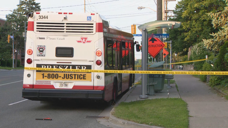 Police put a tape around a TTC bus following a stabbing on Wednesday, June 12, 2024. (CP24)