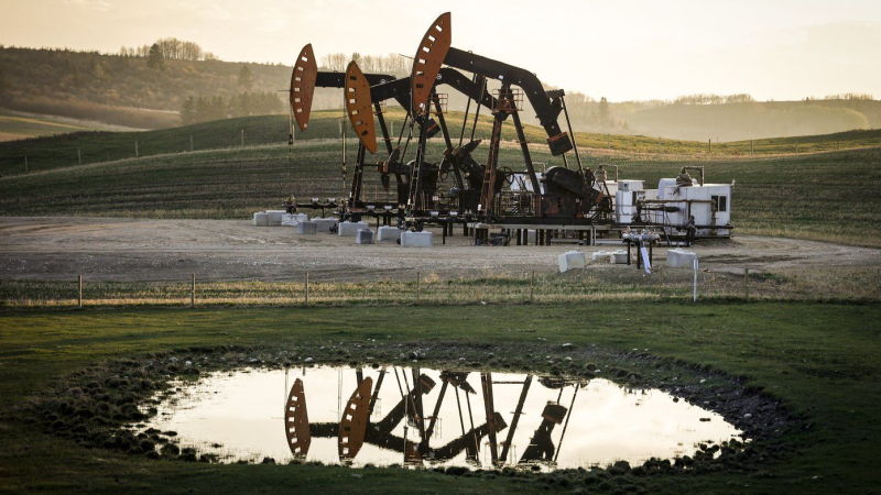 Pumpjacks draw out oil and gas from well heads near Calgary, Alta., on Sunday, May 12, 2024. THE CANADIAN PRESS/Jeff McIntosh