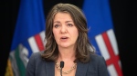 Alberta Premier Danielle Smith speaks in Edmonton on Wednesday April 10, 2024. (THE CANADIAN PRESS/Jason Franson)