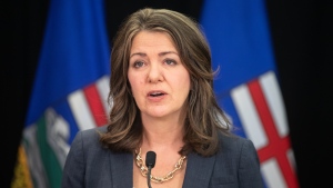 Alberta Premier Danielle Smith speaks in Edmonton on Wednesday April 10, 2024. (THE CANADIAN PRESS/Jason Franson)