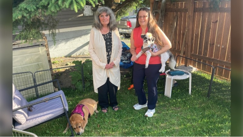 Brandy, Sylvia Carpenter, Donna Marie Cote, and Max (left to right) connected after both dogs and owners were attacked by another dog in the Donovan area. June 13, 2024 (Alana Everson/CTV Northern Ontairo)