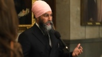 New Democratic Party Leader Jagmeet Singh speaks in the Foyer of the House of Commons on Parliament Hill in Ottawa on Wednesday, June 12, 2024. (Patrick Doyle / The Canadian Press)