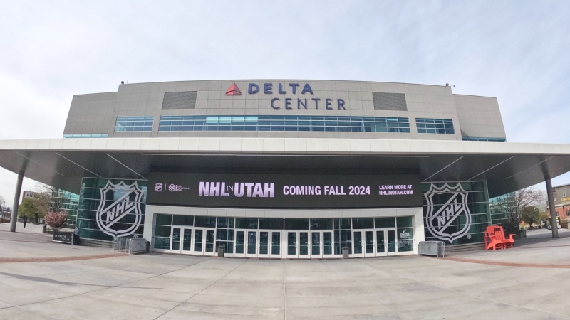 Signs celebrating the awarding of a new NHL team to Utah is displayed at the Delta Center, April 19, 2024, in Salt Lake City. (AP Photo/Rick Bowmer, File)