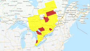 A graphic from Environment and Climate Change Canada shows weather advisories including tornado watches on Thursday, June 13, 2024. Grey areas mean 'advisory,' that is issued for specific weather events that are less severe, but could still impact Canadians. Yellow signifies 'watch,' an alert about weather conditions that are favourable for a storm or severe weather, which could cause safety concerns. Red areas mean 'warning,' an urgent message that severe weather is either occurring or will occur.