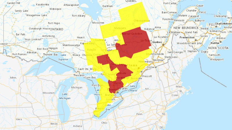 A graphic from Environment and Climate Change Canada shows weather advisories including tornado watches on Thursday, June 13, 2024. Grey areas mean 'advisory,' that is issued for specific weather events that are less severe, but could still impact Canadians. Yellow signifies 'watch,' an alert about weather conditions that are favourable for a storm or severe weather, which could cause safety concerns. Red areas mean 'warning,' an urgent message that severe weather is either occurring or will occur.

