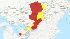 A graphic from Environment and Climate Change Canada shows weather advisories including tornado watches on Thursday, June 13, 2024. Grey areas mean 'advisory,' that is issued for specific weather events that are less severe, but could still impact Canadians. Yellow signifies 'watch,' an alert about weather conditions that are favourable for a storm or severe weather, which could cause safety concerns. Red areas mean 'warning,' an urgent message that severe weather is either occurring or will occur.