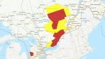A graphic from Environment and Climate Change Canada shows weather advisories including tornado watches on Thursday, June 13, 2024. Grey areas mean 'advisory,' that is issued for specific weather events that are less severe, but could still impact Canadians. Yellow signifies 'watch,' an alert about weather conditions that are favourable for a storm or severe weather, which could cause safety concerns. Red areas mean 'warning,' an urgent message that severe weather is either occurring or will occur.
