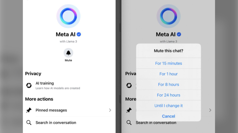 Two screenshots taken from a smartphone on Thursday, May 30, 2024, show the steps needed to mute the 'Ask Meta AI anything' chatbot on the Facebook and Instagram apps. THE CANADIAN PRESS/AP