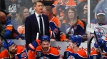 Edmonton Oilers head coach Kris Knoblauch watches the play during first period of Game 3 of the NHL hockey Stanley Cup final against the Florida Panthers in Edmonton, Thursday, June 13, 2024. (Jeff McIntosh / The Canadian Press) 