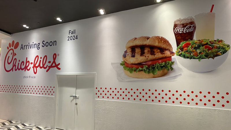 A sign appeared in the Rideau Centre food court on Friday, saying a Chick-Fil-A will open in the fall of 2024. (Josh Pringle/CTV News Ottawa)