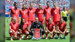 Canada pose for a team photo prior to first half international soccer action against Mexico in Montreal on June 1, 2024. (Graham Hughes / The Canadian Press)