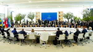 Pope Francis, front middle speaks during a G7 Working Session with Outreach Countries and International Countries during the G7 Summit in Savelletri Di Fasano, Italy on Friday, June 14, 2024. THE CANADIAN PRESS/Sean Kilpatrick