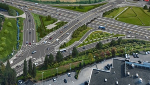 Northeast-facing rendering of the new Steveston Interchange. (B.C. Transportation Ministry)