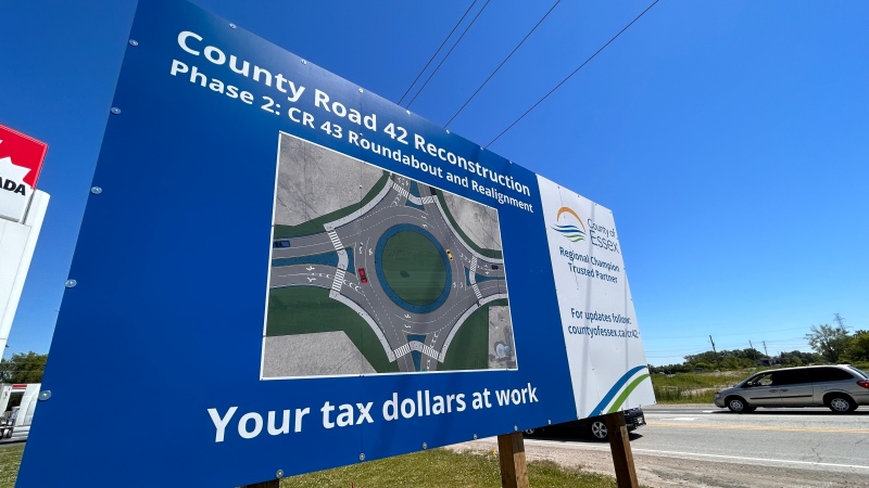 A poster, seen on June 14, 2024, warning drivers of the upcoming roundabout construction at County Roads 42 and 43, which is scheduled to start Monday, July 17, 2024. (Rich Garton/CTV News Windsor)