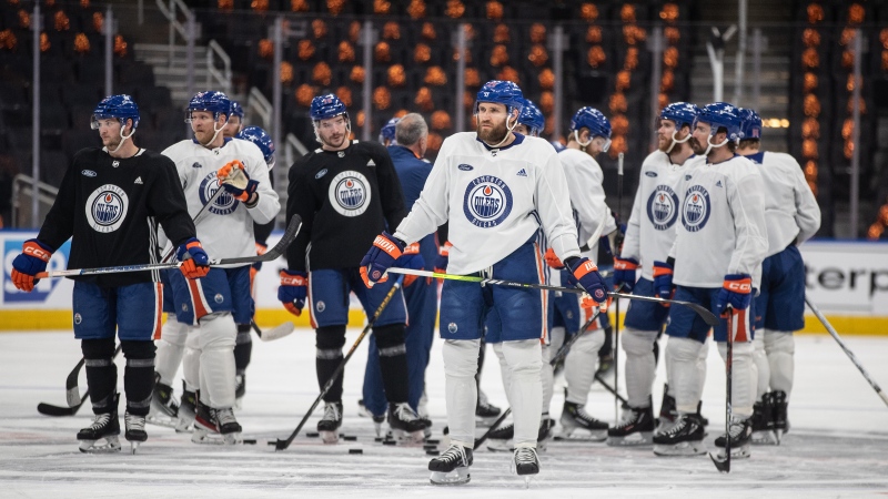 The Edmonton Oilers practicing at Rogers Place on Friday June 14, 2024. THE CANADIAN PRESS/Jason Franson