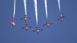 Six Snowbirds CT-114 Tutors breaking formation for a stunt at the Airshow in Barrie on June 15, 2024 (Mike Lang/CTV News). 