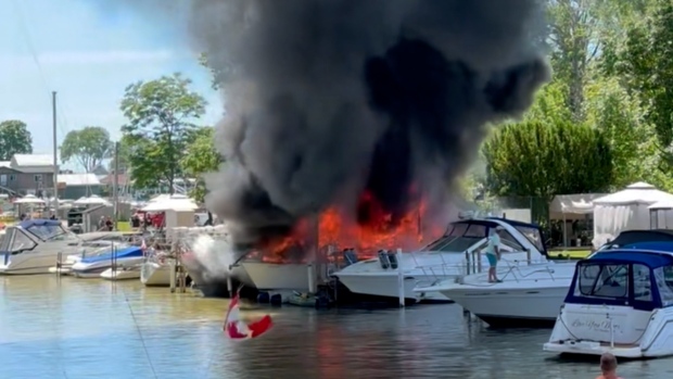 Thick, black smoke filled the air as three boats went up in flames in Port Stanley, Ont. on June 15, 2024 (Source: Central Elgin Fire Rescue)
