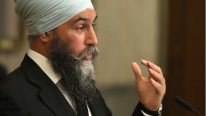 New Democratic Party Leader Jagmeet Singh speaks in the Foyer of the House of Commons about the NSICOP report, on Parliament Hill in Ottawa, on Thursday, June 13, 2024. (The Canadian Press/ Patrick Doyle)