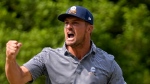 Bryson DeChambeau celebrates after a putt on the eighth hole during the final round of the U.S. Open golf tournament Sunday, June 16, 2024, in Pinehurst, N.C. (AP Photo/Frank Franklin II)