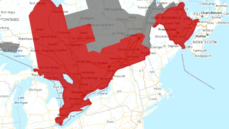 The latest data from Environment Canada as of 12:57 p.m. EDT shows the areas expected to be impacted by a heat wave. Red indicates a weather warning, while grey is a weather statement.
