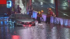 Toronto fire crews work to rescue a driver from a flooded stretch of the Gardiner Expressway near the South Kingsway following a thunderstorm Thursday June 20, 2024. 