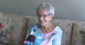 Wingham great great grandmother Jo English talks to CTV News reporter Scott Miller on the eve of her 105th birthday in Wingham, Ont. (Source: Scott Miller)