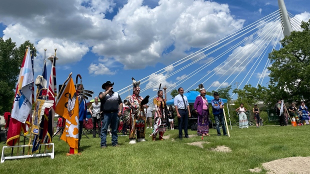 A powwow grand entry gets ready at the National Indigenous People's Day celebrations at The Forks on June 21, 2024 (Alexandra Holyk/CTV News Winnipeg)
