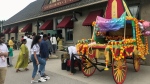 A chariot that was pulled for the Rath Yatra festival sits outside the Southshore Centre in Barrie on June 22, 2024 (David Sullivan/CTV News). 