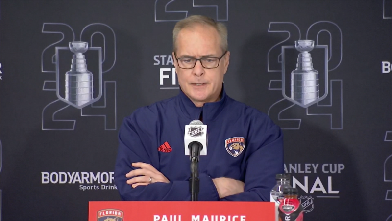 Panthers head coach Paul Maurice talks to reporters before Game 7 of the Stanley Cup Final against the Edmonton Oilers on June 24, 2024.