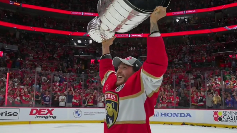 Stephen Lorentz hoists the Stanley Cup after the Florida Panthers win the NHL final on June 24, 2024. (Source: Sportsnet)