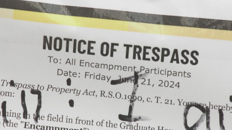 Trespass notice issued at the Pro-Palestinian encampment on the University of Waterloo campus.