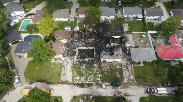 Aerial footage of the area where a home exploded in Transcona on June 26, 2024. (Submitted photo)