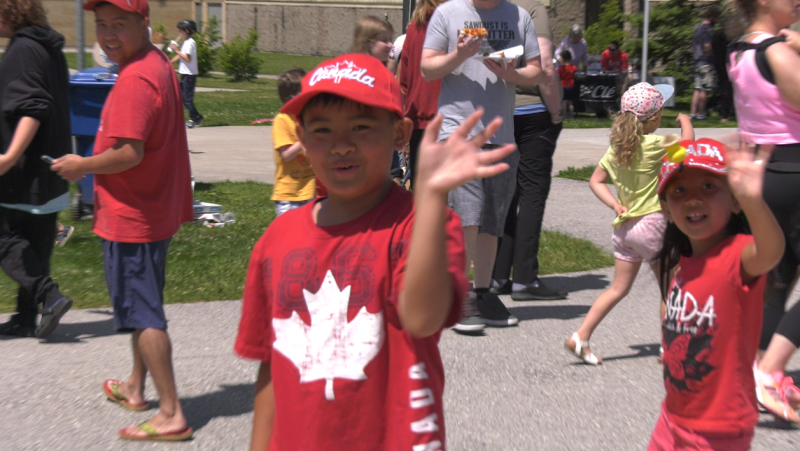 Kids celebrating Canada Day at Lampman Lane Park in Barrie, Ont. on Mon., Jul 1, 2024 (CTV News/Mike Lang)