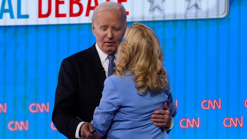 First lady Jill Biden, right, hugs U.S. President Joe Biden at the conclusion of a presidential debate with Republican presidential candidate former President Donald Trump hosted by CNN, Thursday, June 27, 2024, in Atlanta. (Gerald Herbert / AP Photo)