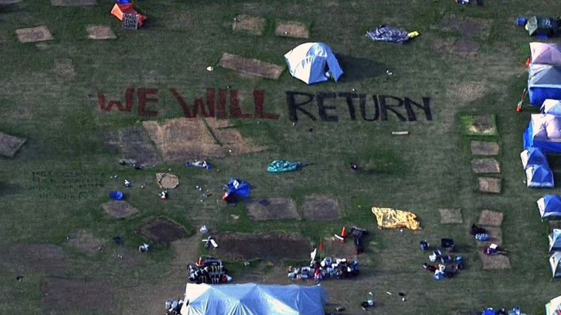 Tents are shown at a encampment on King's College Circle on the University of Toronto campus on July 3. (CP24)
