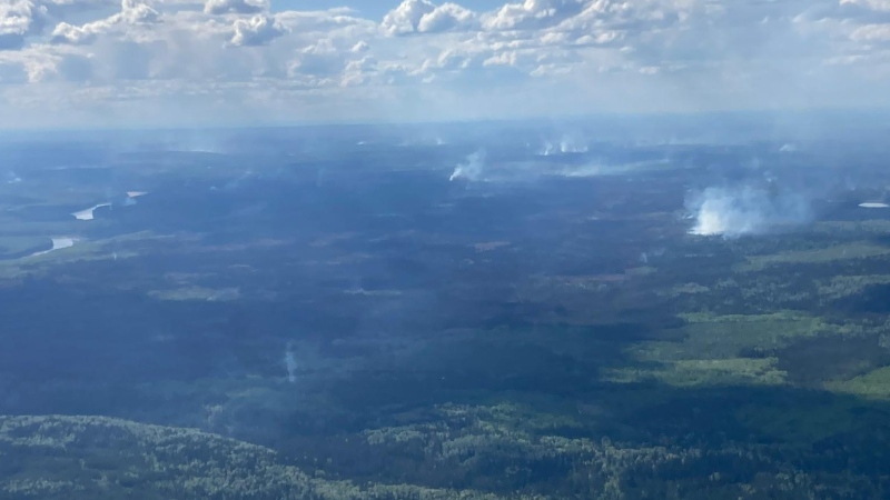 An aerial view of the 700-square-kilometre Patry Creek wildfire burning near Fort Nelson, B.C., is seen on May 28, 2024. (BC Wildfire Service)