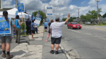 Workers in Ottawa striking at an LCBO warehouse in Ottawa on the second day of a historic strike. (Natalie van Rooy/CTV News Ottawa)