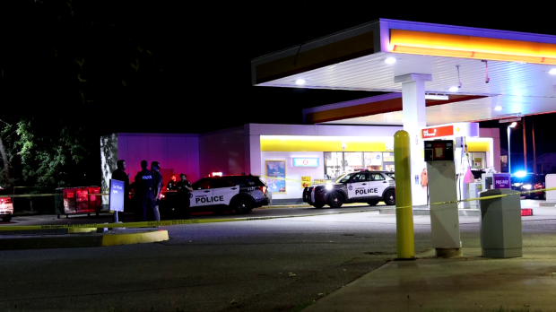 Police are on the scene of a shooting at a gas station in Scarborough on Saturday, July 6, 2024. (Jacob Estrin for CTV News Toronto)